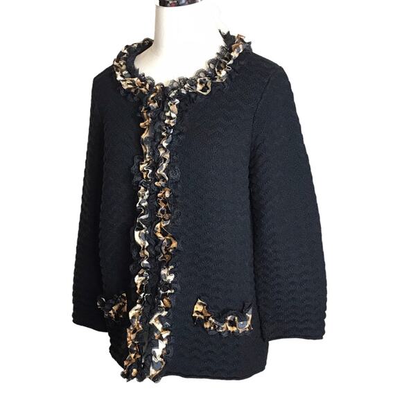 Chico’s Size Medium(8) Black Chevron Textured Knit Cardigan-Lace & Leopard Trim - Picture 5 of 14